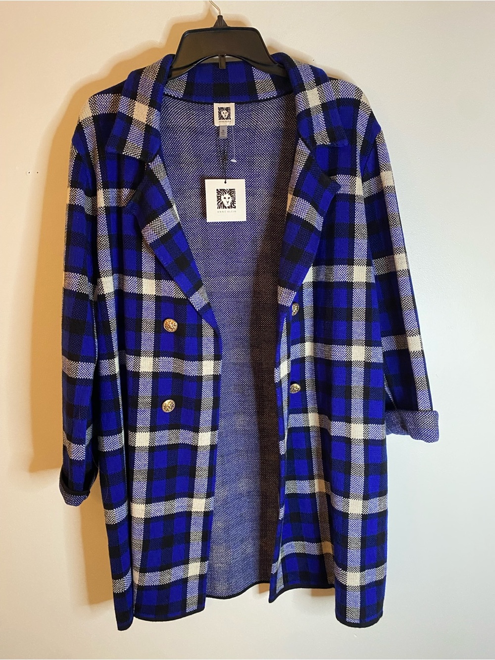 Anne Klein Blue Black and White Plaid Double-Breasted Blazer